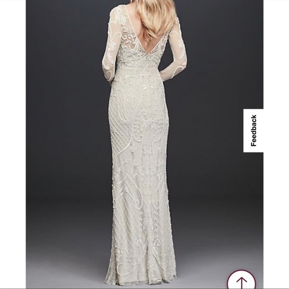 Davids Bridal all over scroll beaded illusion long sleeve gown BRAND NEW - Picture 3 of 5